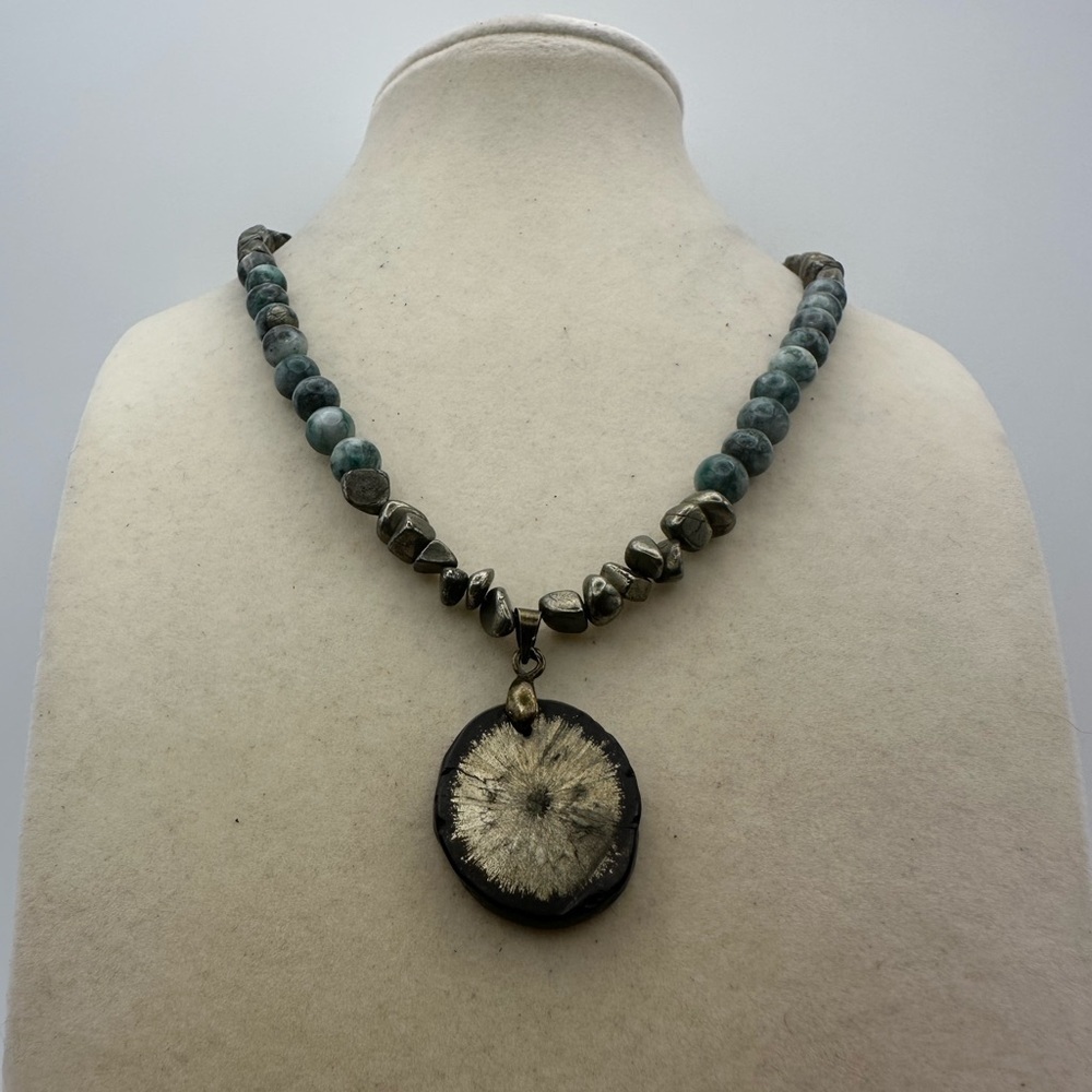 Pyrite and Jade Beaded Necklace with Pyrite Sun Pendant - Picture 10 of 12